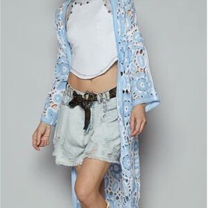 POL Open Front Crochet Cardigan in Blue